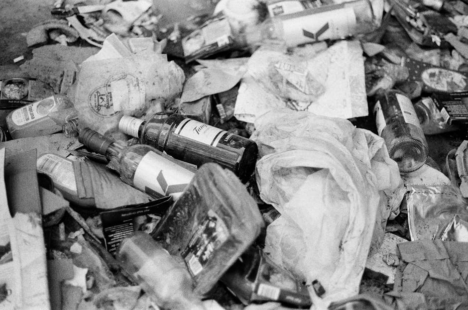 In the image, a stack of mixed waste materials is situated on a paved driveway, close to a building exterior. The refuse includes various items such as large cardboard boxes, plastic containers, woode